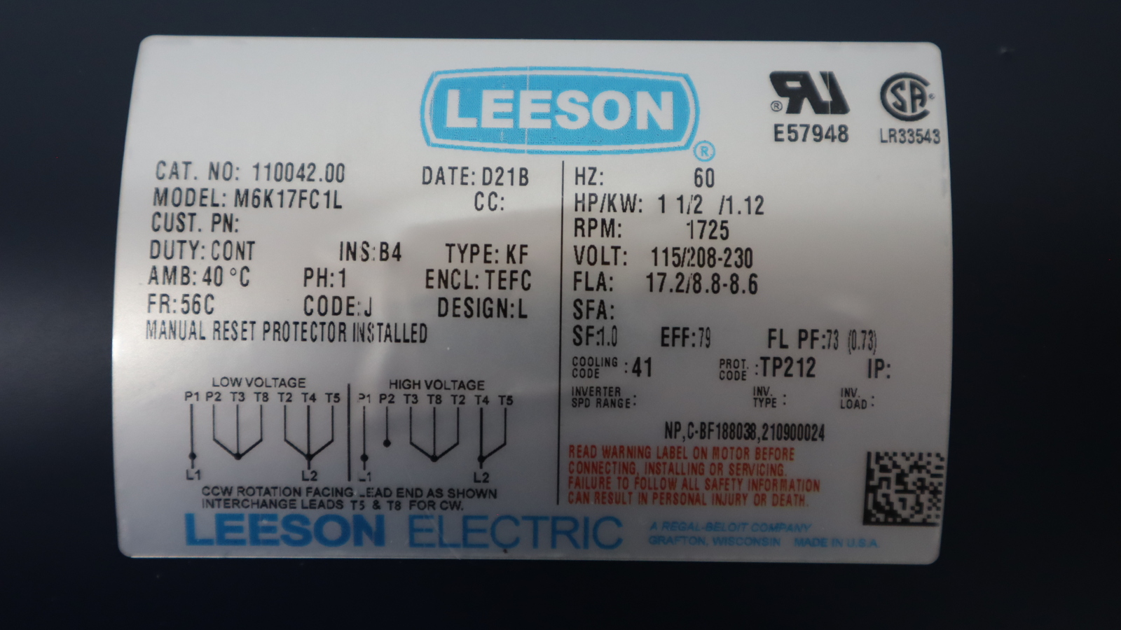 Mtr 1.5Hp 1Ph 60Hz 115/208-230V 1725rpm 56C NRB TEFC